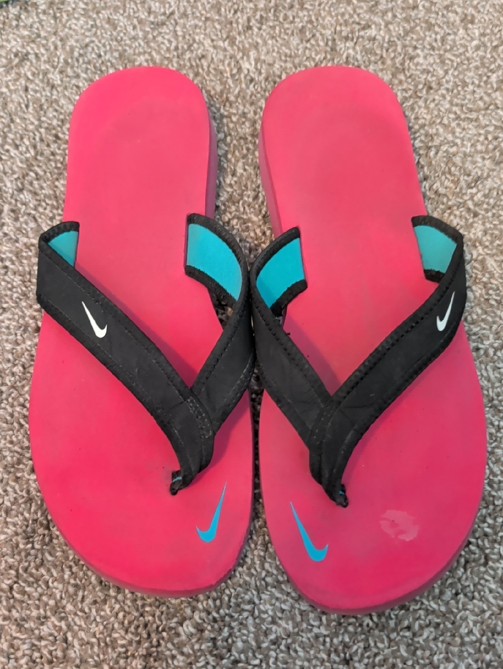 Nike Black Strap Flip Flops with Hot Pink Footbeds and Teal Accents